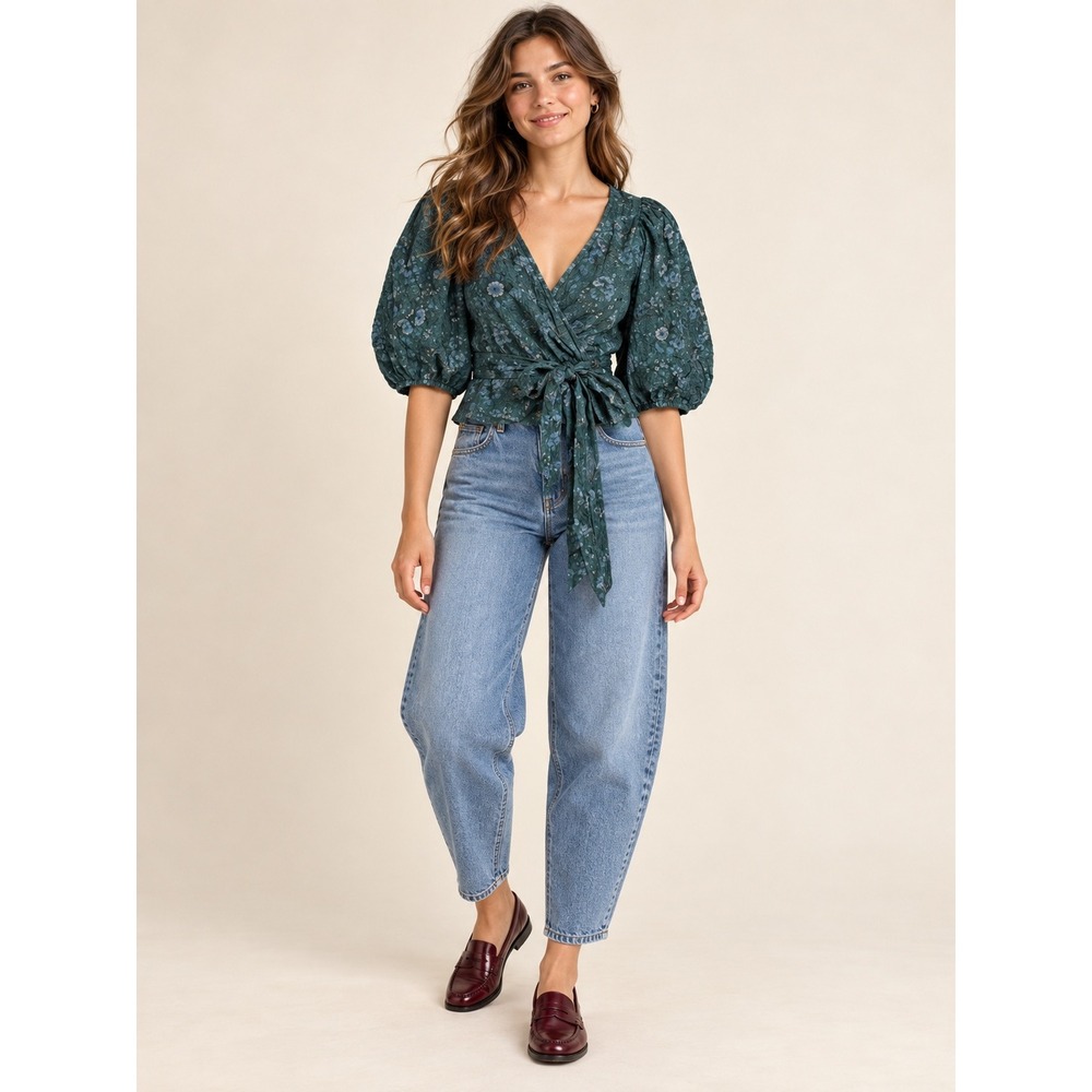 Madewell Dark Green Floral Puff Sleeve Wrap Tie Waist Top Size M Q62